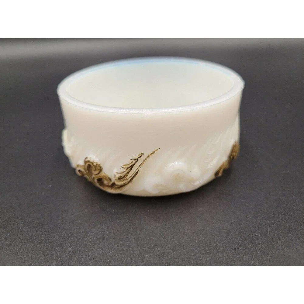ATQ Milk Glass Vanity Tray Powder Trinket Box Victorian #513 Gold Tone Trim